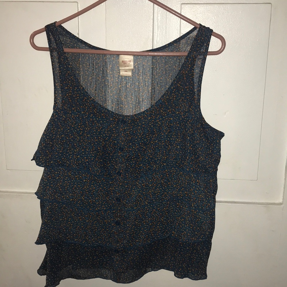 blue floral coverup blouse w/ buttons and ruffles